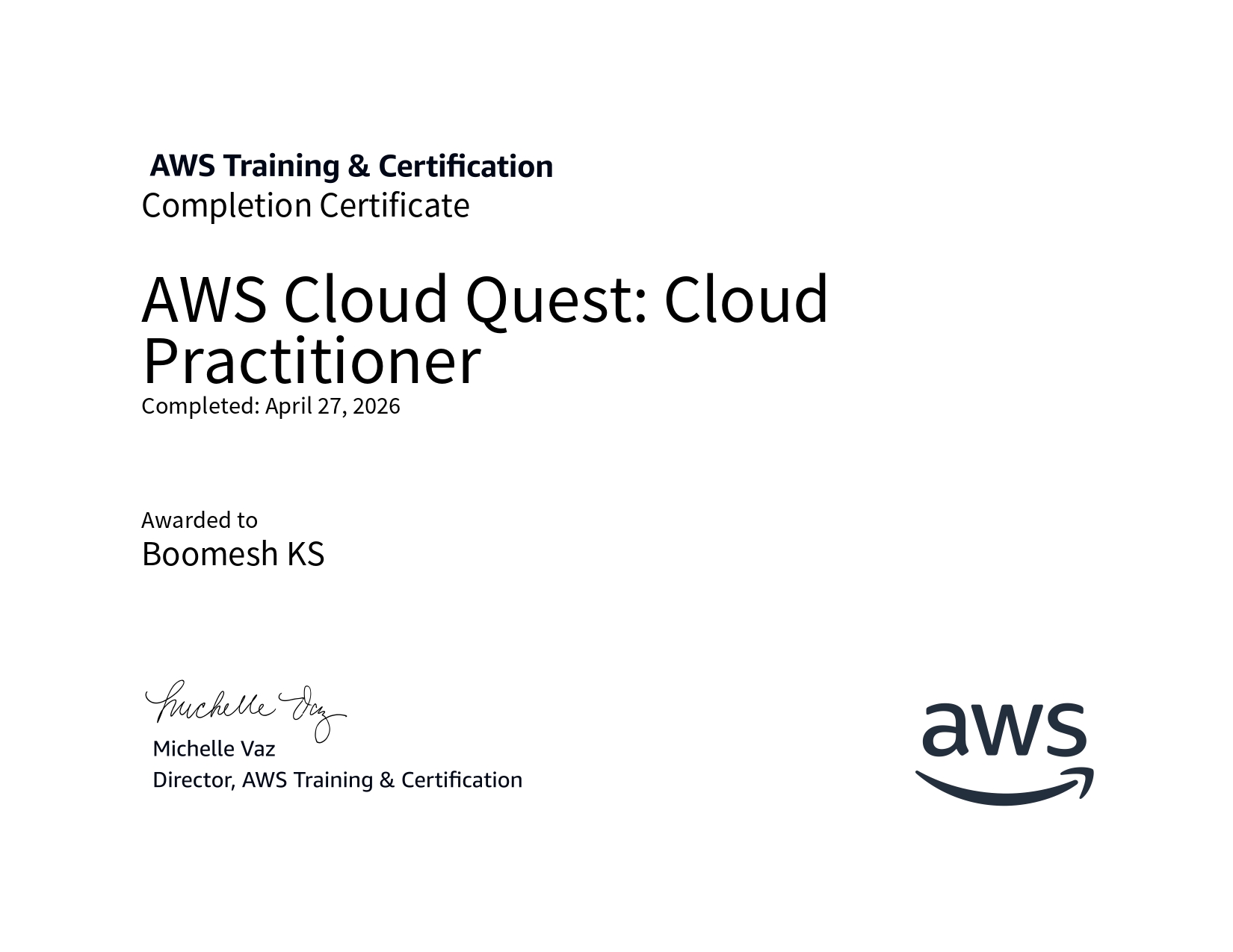 AWS Cloud Quest Certificate